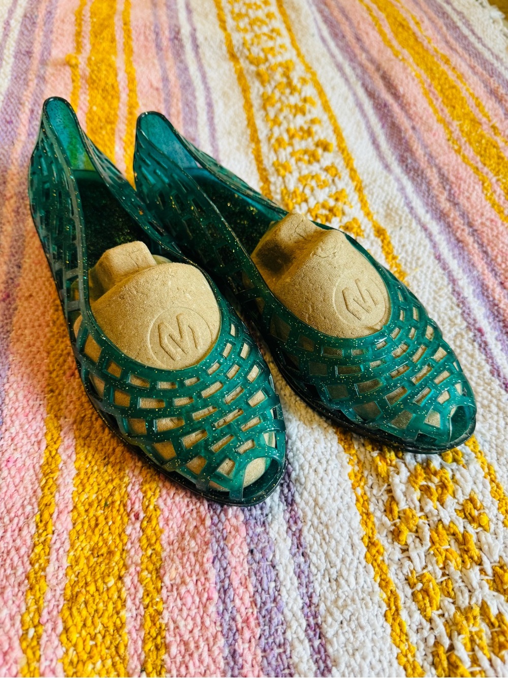 Sarra Zienne Made in France Emerald Green Woven Jelly Flats